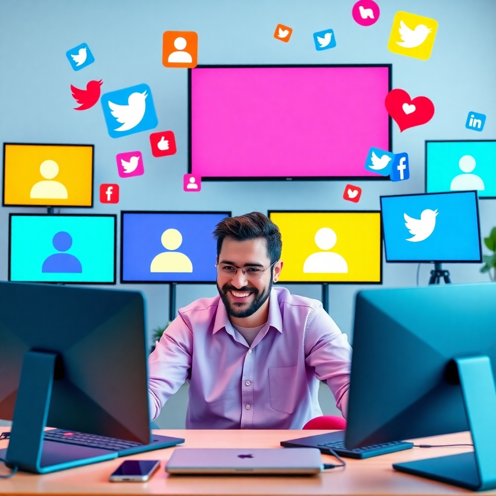 A lively image of a social media manager interacting with followers on multiple screens, with social media icons floating around. The environment is bright and engaging, filled with digital devices. The color palette includes vivid colors representing the different social media platforms. Technical specs: 4K resolution.