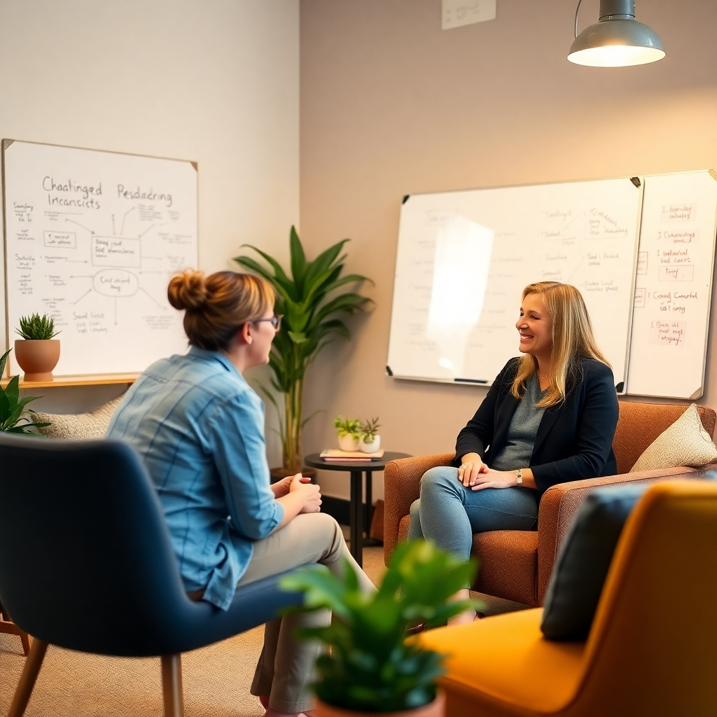 A nurturing environment showcasing a personal coaching session with a coach and client. The focus is on their engaging discussion, with a warm light illuminating the space, and a whiteboard in the background filled with ideas and strategies. Comfortable seating and inviting decor create a supportive atmosphere.