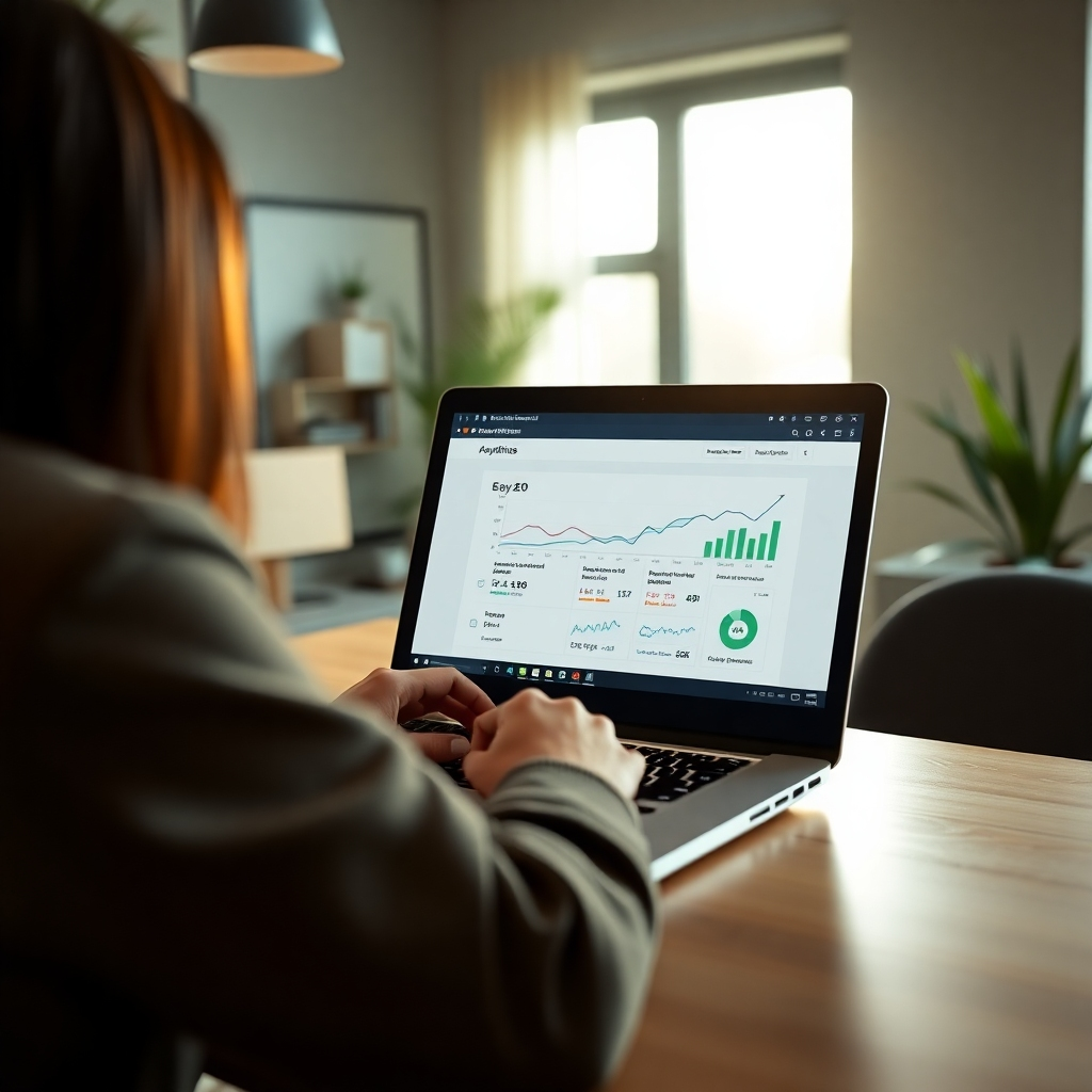 A photorealistic image depicting a digital marketing professional using SEO tools on a laptop. The composition highlights a modern office environment, with a focus on the screen showcasing keyword analytics. Soft natural lighting coming from a nearby window enhances the inviting atmosphere. The color palette combines earthy tones with pops of green to symbolize growth and strategy. Technical specs: 4K resolution.