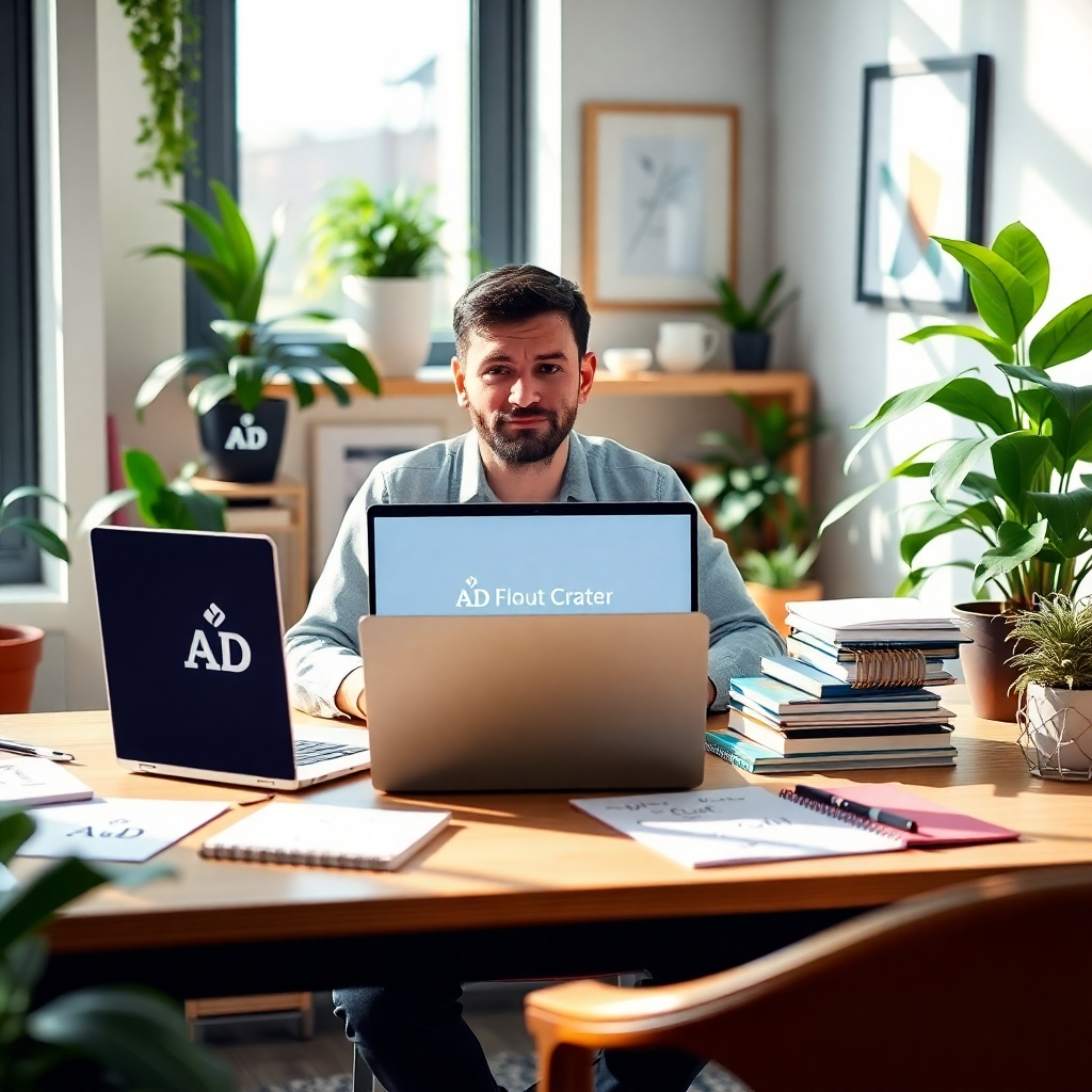 A photorealistic image of a content creator in a stylish office surrounded by branding materials. The desk features a logo design process on a laptop and sketches on notepads. Soft daylight illuminates the space, surrounded by plants for a fresh feel. The color palette is bright and inviting, symbolizing creativity.
