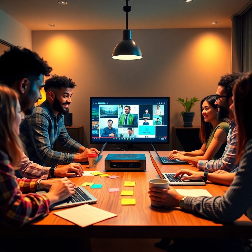 A photorealistic image showcasing the essence of video content creation. It depicts a diverse group of individuals brainstorming around a table, with laptops, notepads, and a projector displaying their video ideas. The composition uses warm lighting to create an inviting atmosphere, with a color palette that includes greens and blues for a fresh, innovative feel. The camera is positioned at eye-level to capture expressions of collaboration. Relevant props include coffee cups and colorful sticky notes. Style reference: high quality, 4K resolution.