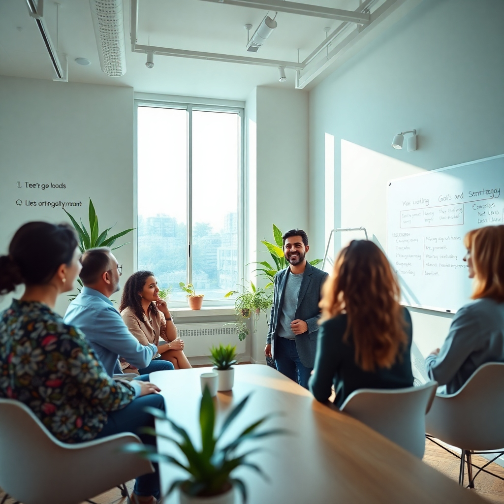 A photorealistic, ultra-high quality header image depicting a serene yet dynamic coaching environment. The composition features a smiling life coach engaging with a diverse group of individuals at a modern office space. Natural light pours through large windows, creating a warm, inviting atmosphere with a soft color palette of blues and greens. The camera angle is slightly elevated, giving an expansive view of the setting. There are motivational quotes on the walls, lush plants, and a whiteboard filled with goals and strategies. Style references include modern minimalism with touches of vibrant colors. Technical specs include 8K resolution and hyperrealistic detailing.