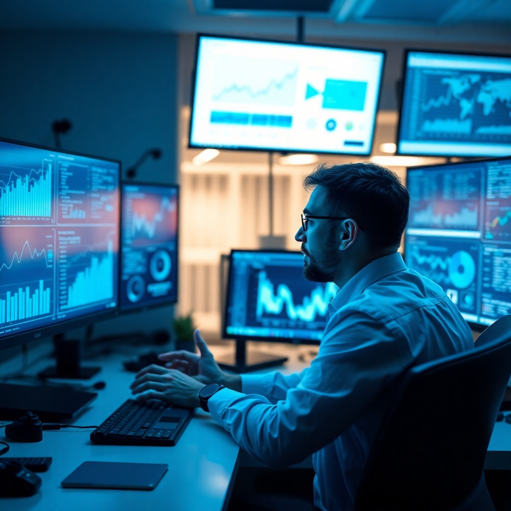 A polished, photorealistic image capturing a digital marketing analyst reviewing data on multiple screens. The workspace is neat and organized, filled with graphs and data visualizations. Bright and clear lighting enhances the cool blue tones of the digital displays. The camera angle is focused directly on the screens, showcasing the intriguing data. The environment includes tech gadgets and analytical tools.