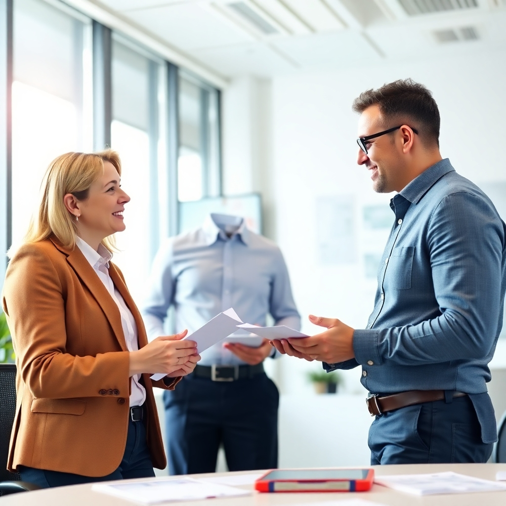 A professional, photorealistic image depicting a coach guiding a client through traffic strategies in a modern office. The coach is animatedly explaining concepts while the client takes notes, showing engagement. Bright lighting and a clean, organized workspace enhance the focus. The camera angle is conversational, giving an inviting feel. Props include digital aids and handouts.