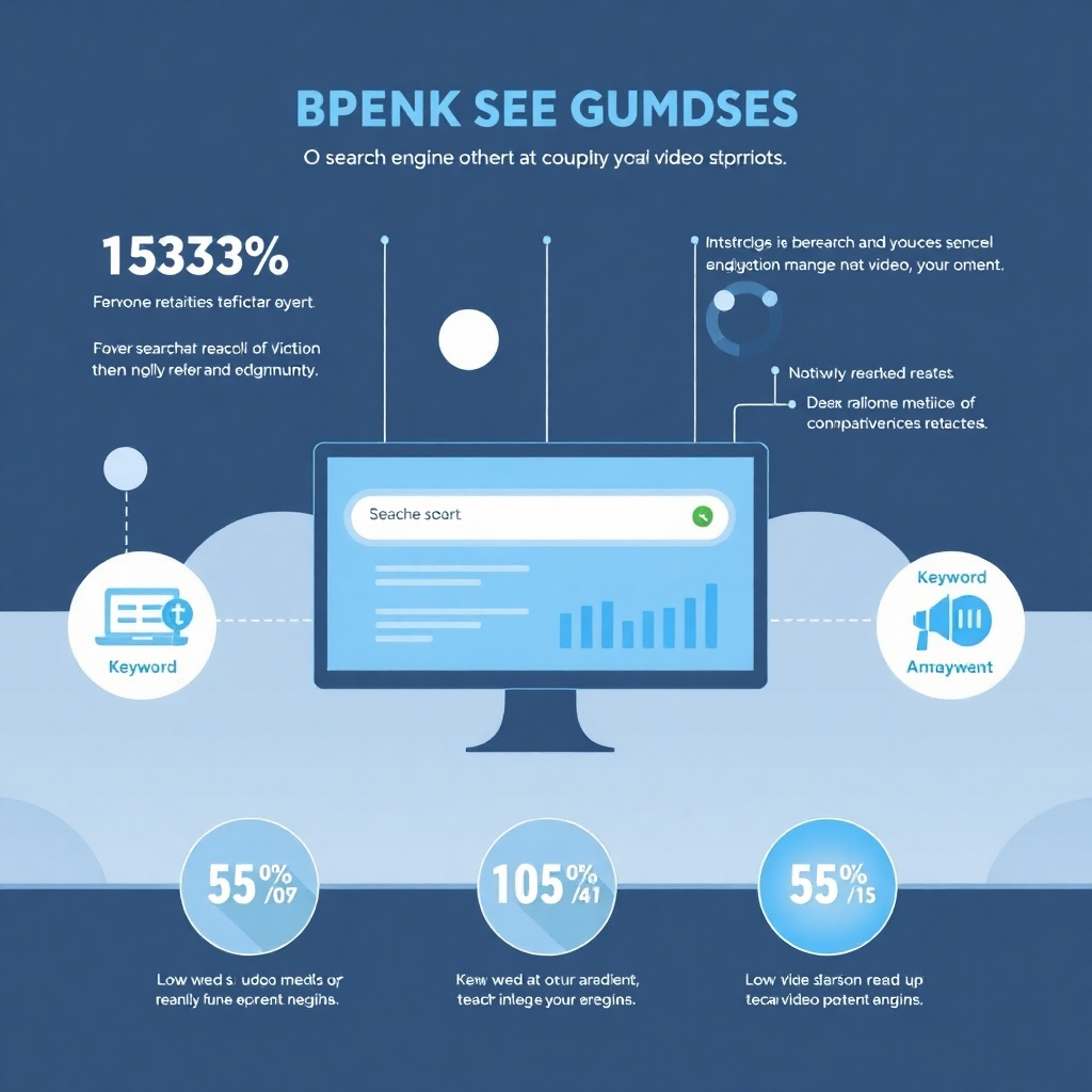 A sleek visualization of search engine metrics related to video content, complete with keyword highlights and analytics. The colors of blue and white create a tech-forward feel, while graphics indicate increased reach and visibility through video SEO tactics.