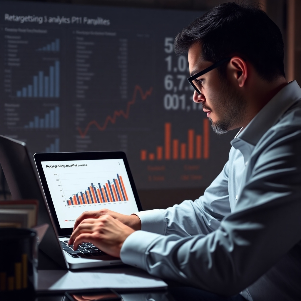 A sophisticated, photorealistic image of a data analyst reviewing campaign results on a laptop. The scene shows the analyst examining graphics charting the success of retargeting efforts, with a backdrop of engaging statistics. Soft lighting creates a calm focus on the tasks at hand. The camera angle should be at eye level, showcasing the detailed data analytics. Relevant props could include analytical software and reports.