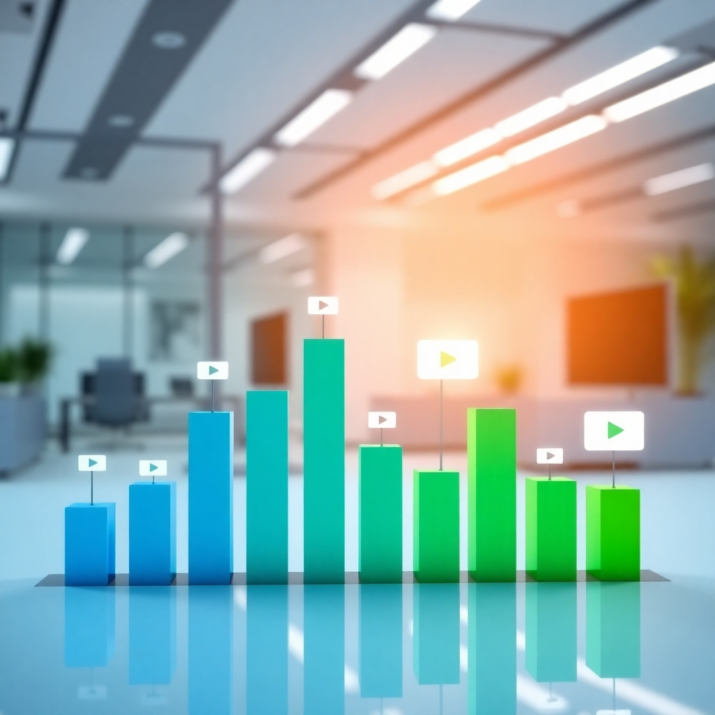 A striking image of a graph showing rising traffic statistics with video icons. The vibrant blue and green colors symbolize growth and connection, set in a contemporary office environment that reflects success in video marketing.