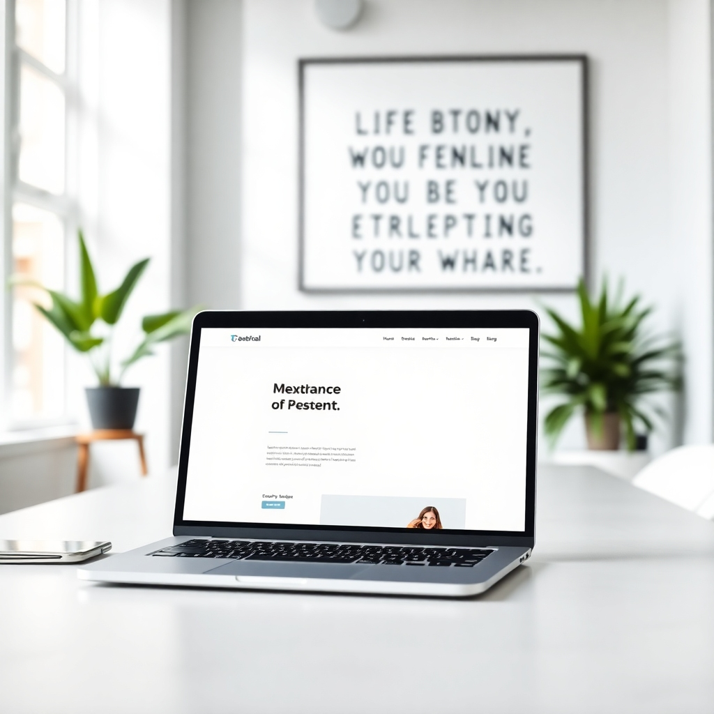 A striking image of a website mockup on a laptop screen set against a stylish office background. The setting is bright and airy, featuring modern design elements like greenery and a motivational wall with inspirational words. The laptop should be in sharp focus, showcasing engaging web design and content, inviting viewers to consider their online strategy.