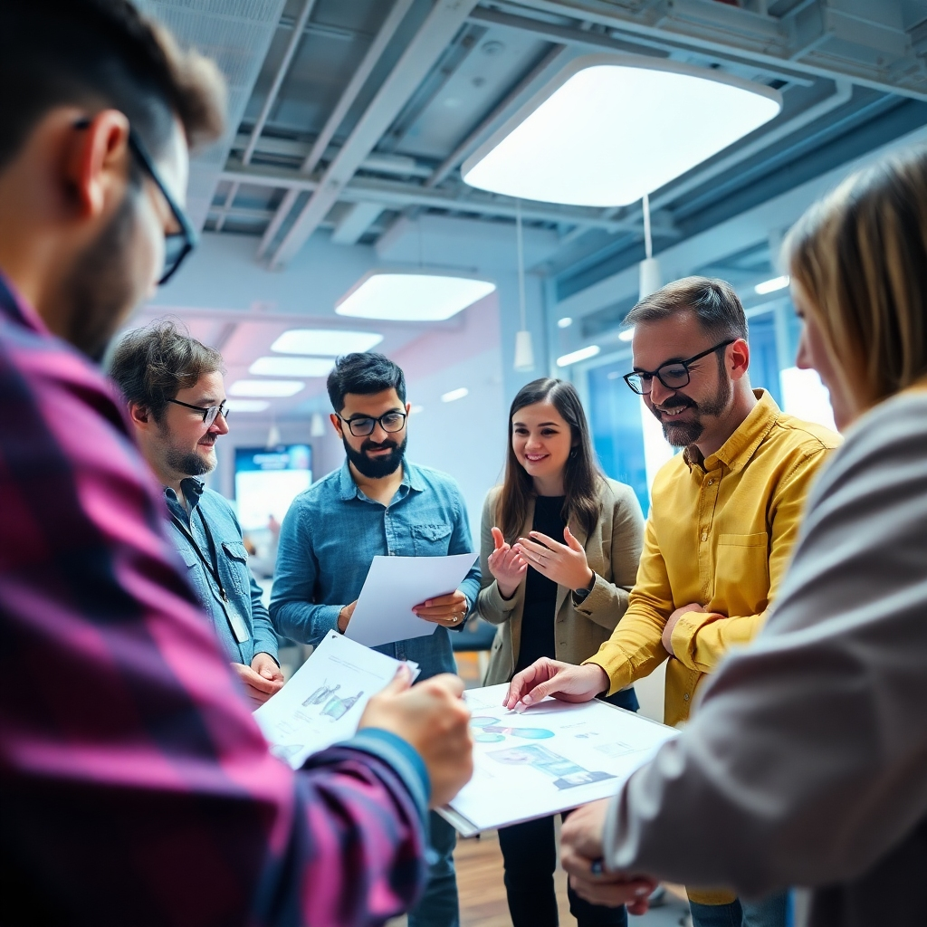 A strong image of a branding session occurring in a modern environment where a team discusses brand identity elements with sketches and prototypes visible. The lighting is bright and energetic, with a color palette reflecting vibrant brand colors. The camera angle captures facial expressions and teamwork. Technical specs: 4K resolution.