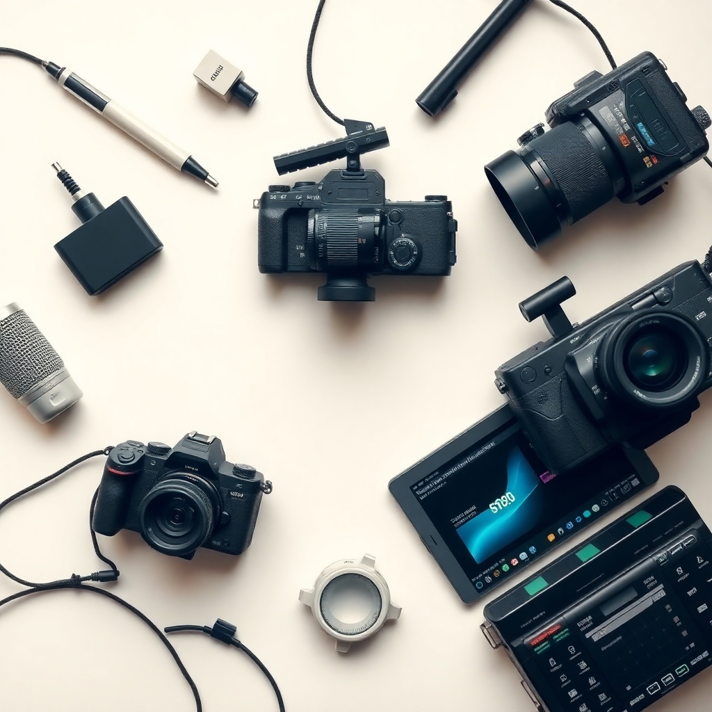 A stylish flat lay of modern video tools including cameras, microphones, and editing software. Soft lighting enhances the textures of the equipment, with a soothing color palette of whites and pastels. This artistic representation inspires creators and highlights professional-grade tools.