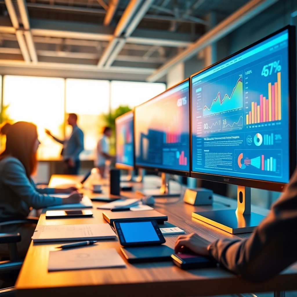 A stylized image reflecting the essence of digital marketing success. The composition includes a busy office environment showcasing professionals analyzing website analytics on multiple screens. Lighting should be bright and modern, with a color palette of warm golds and cool blues, suggesting a blend of creativity and technology. The camera angle is a close-up on a monitor displaying vibrant graphs and metrics, emphasizing the importance of data in driving website traffic. Relevant props include digital devices and marketing materials scattered on a contemporary desk. Technical specs: 4K resolution, high quality.