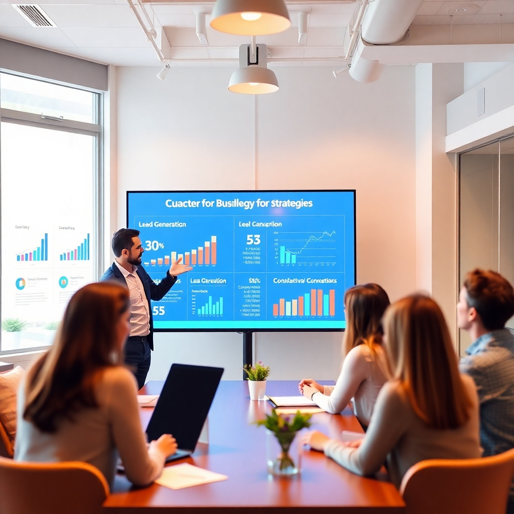 A successful business meeting scene where a coach presents strategies to a diverse group of clients. The image includes a large screen displaying lead generation stats and conversion metrics. The bright and professional environment conveys a sense of achievement and encourages collaboration. Warm lighting creates an inviting atmosphere, enhancing engagement.