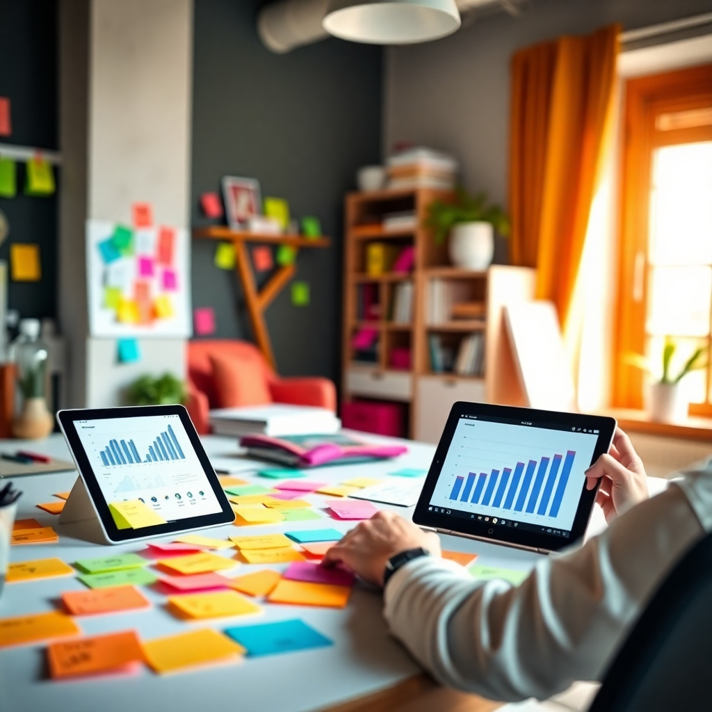 A vibrant, creative workspace with a focused individual brainstorming goals. The composition should showcase a desk filled with colorful post-it notes and a digital tablet displaying growth metrics, emphasizing a sense of clarity and purpose. Natural light brightens the space, creating an inspiring environment that motivates strategic thinking.