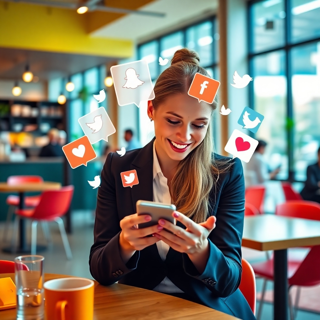 A vibrant image focused on a professional using a smartphone, with social media notifications popping up around them. The composition is energetic and lively, set in a modern café. Bright colors dominate the scene, reflecting the fast-paced world of social media marketing. The image invokes excitement and connectivity. Technical specs: 4K resolution.