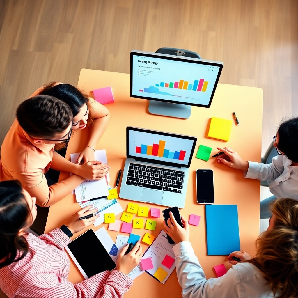 A vibrant, photorealistic image depicting a strategy session in progress. The composition shows people brainstorming around a table with colorful post-it notes and a laptop displaying a trending website dashboard. The lighting is bright and conducive to creativity, with a color palette of warm tones. The camera angle should be overhead to capture the collaborative atmosphere. Props like charts, laptops, and mobile devices can enhance the narrative.
