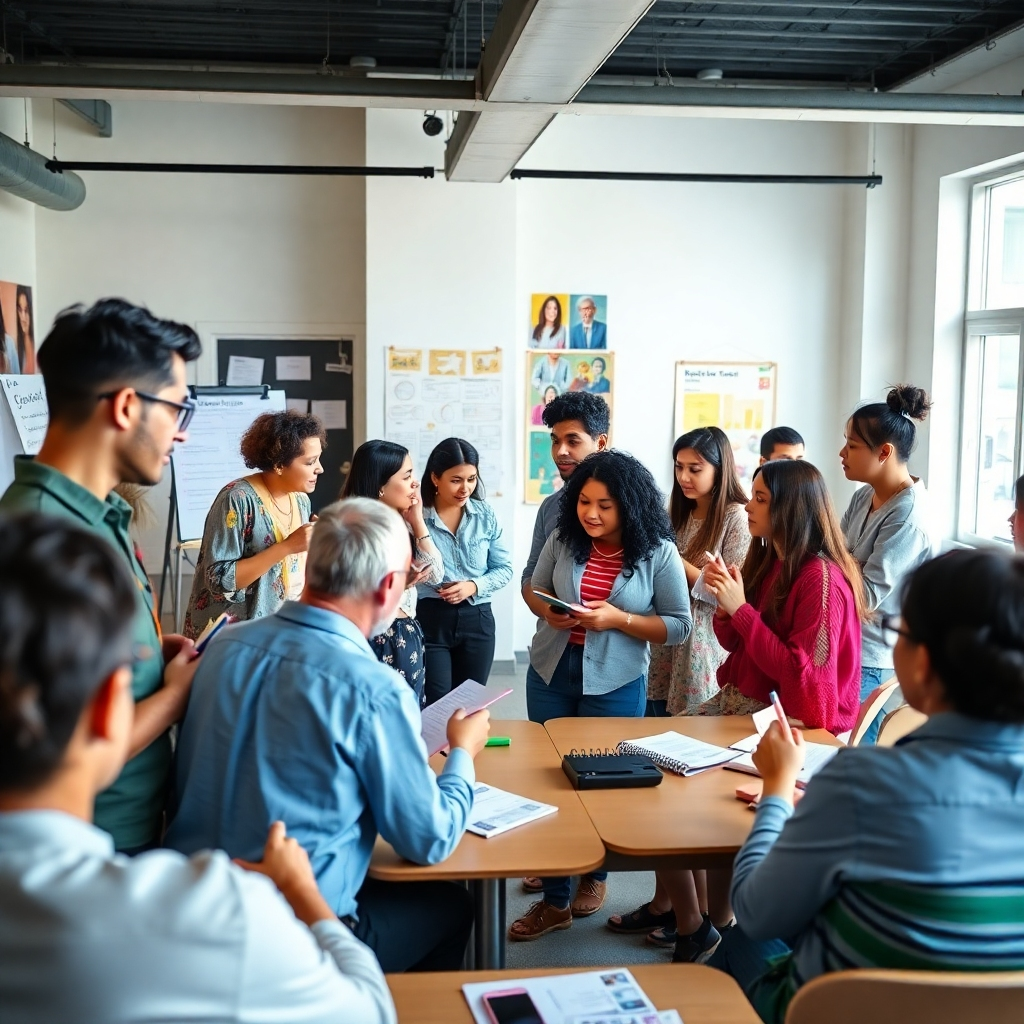 A vibrant workshop scene featuring a diverse group of individuals engaged in discussions. The bright room is equipped with various learning materials, like charts and posters. The camera captures participants actively taking notes and collaborating, creating an appealing image of learning and engagement.