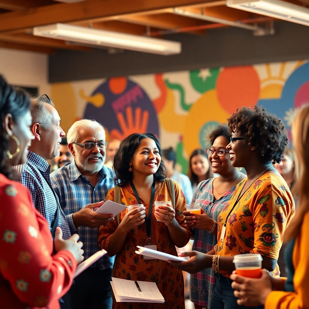 A warm, photorealistic image of a diverse group of individuals connecting in a community workshop. The scene shows attendees engaged, sharing insights, and supporting each other. The lighting is bright and inspirational, with a vibrant and colorful backdrop. The camera angle captures both the interactions and moments of deep thought. Props include discussion materials and refreshments.
