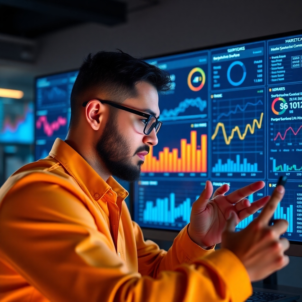 A zoomed-in image capturing a marketer studying performance metrics on a digital dashboard. The lighting is focused on the screen, revealing detailed graphs and statistics to convey a tech-savvy environment. The colors are bold and clear, promoting focus and analysis. Technical specs: 4K resolution.