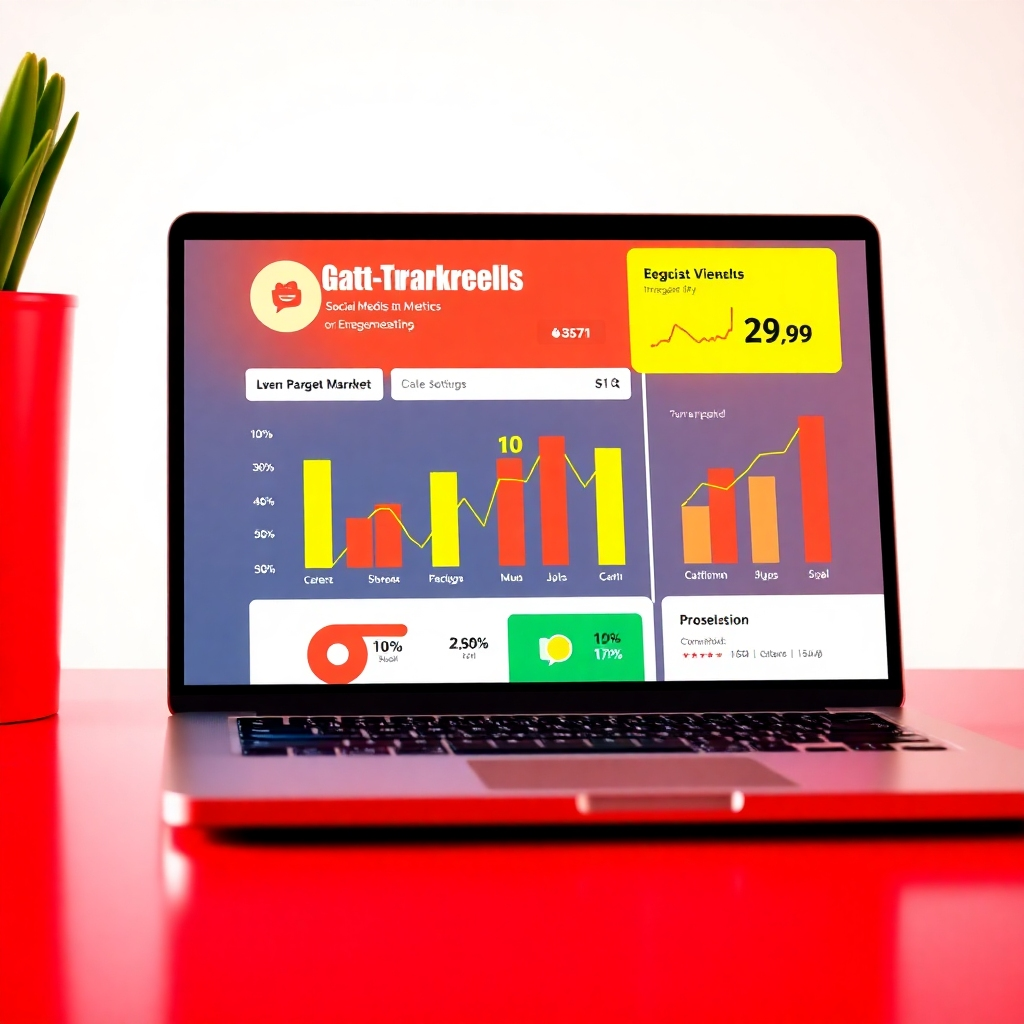 An energetic scene depicting a laptop screen showcasing social media metrics and promotional graphics. Bright colors like red and yellow capture attention, while animated graphs illustrate improvements in engagement stats. The imagery feels active and tech-savvy, appealing to marketers.
