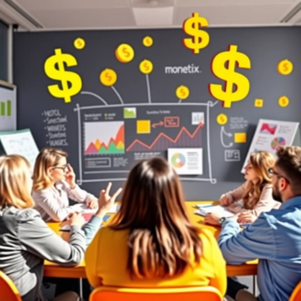 An engaging image of a brainstorming session with charts and money symbols. The scene is bright and inspiring, emphasizing collaboration. The colors are energetic and professional, illustrating successful monetization strategies.