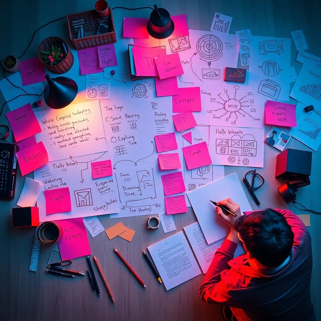 An engaging image showing a creative workspace filled with brainstorming notes, visual designs, and a person drafting compelling content. The composition features an overhead view with warm lighting illuminating the creativity present. The color scheme includes vibrant reds and blues, inspiring energy and creativity. Technical specs: 4K resolution.