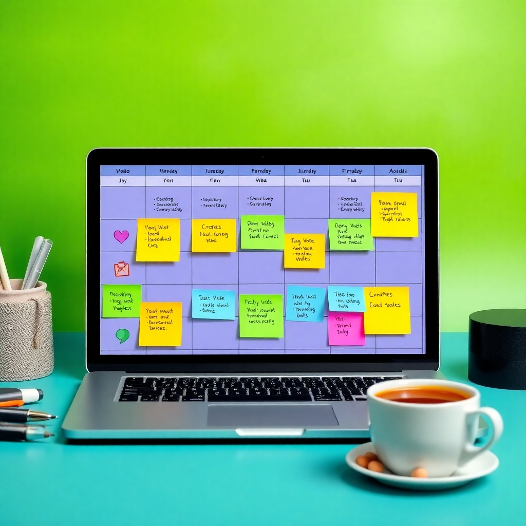 An engaging layout with a calendar of planned video releases filled with colorful notes and symbols. The setting includes a laptop and a cup of coffee, conveying a productive workspace. A vibrant background hints at creativity and planning, using greens and blues to symbolize freshness and readiness.