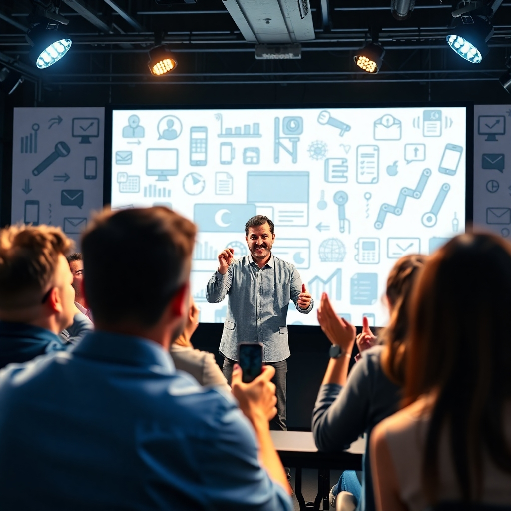 An engaging, photorealistic image depicting a successful webinar or online workshop. The composition features a charismatic speaker presenting to an enthusiastic virtual audience. The lighting is dynamic with focused spotlights and a lively background of website traffic illustrations. The camera angle captures both the speaker and a glimpse of the online audience. Relevant props include a microphone, presentation slides, and enthusiastic reactions.