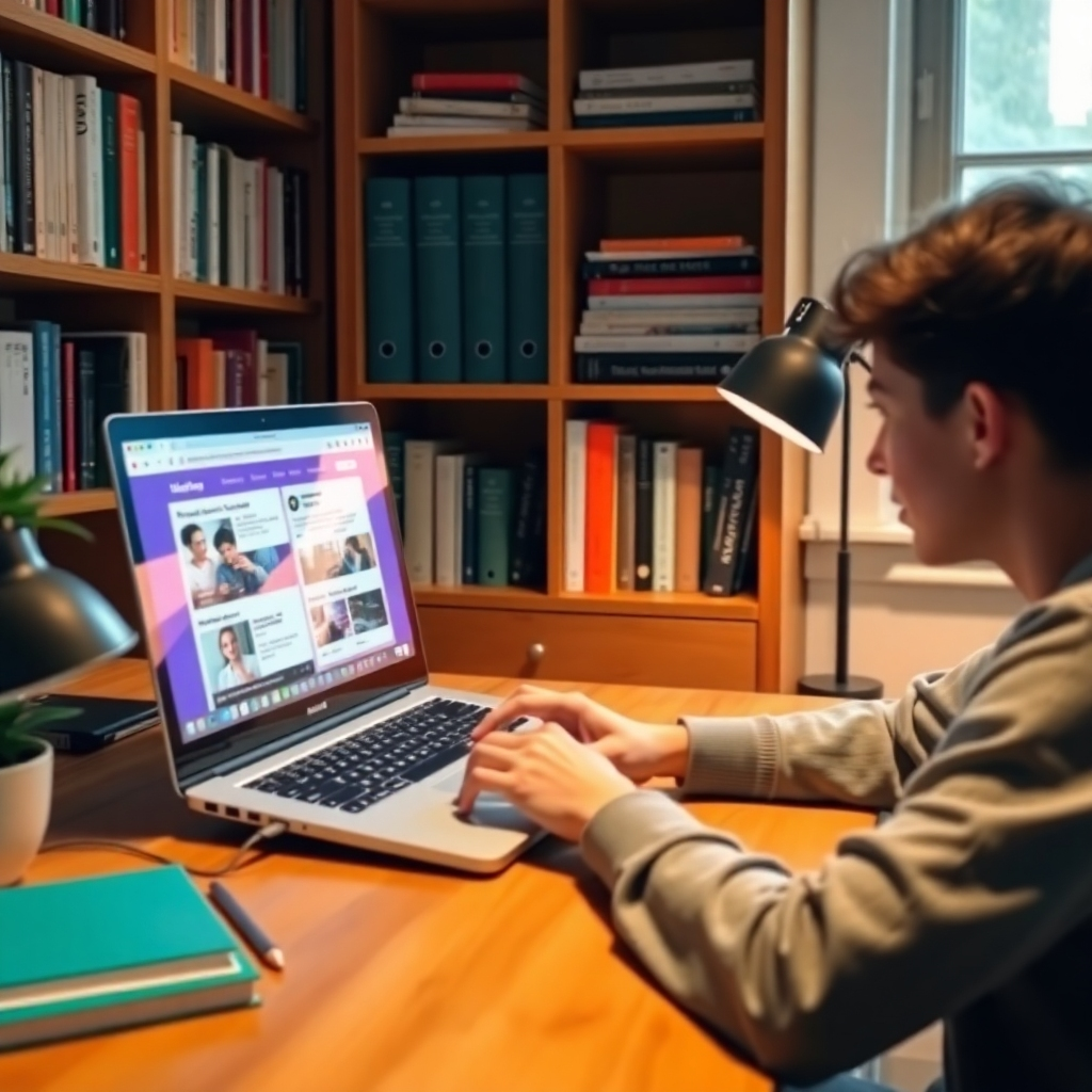 An engaging scene displaying an individual using a laptop to access online learning resources at a cozy desk. The screen showcases educational content, while a nearby bookshelf is filled with useful guides and materials. Soft lighting enhances the welcoming and focused environment.