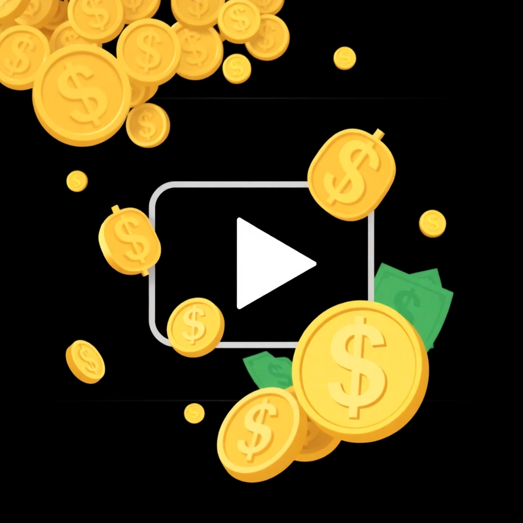 An illustrated image featuring symbols of money and video content intertwined. Dollar signs and coins are creatively incorporated into a visual of a video play button. The color scheme uses golds and greens for a wealth and success theme against a sleek black background. The design is eye-catching and modern.