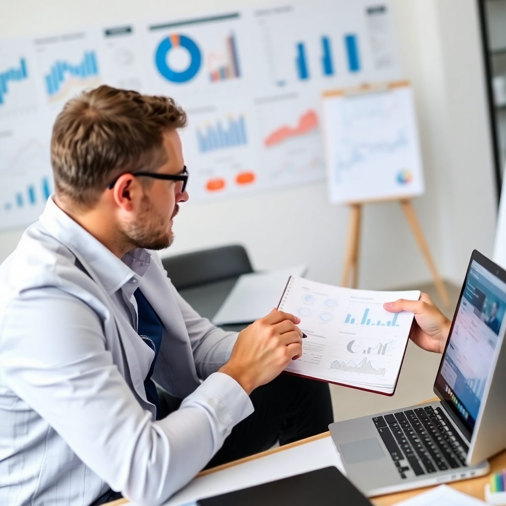An image depicting a one-on-one coaching session, featuring a coach and a business owner reviewing a personalized marketing plan. The setting is professional, filled with charts and digital devices. The close-up shot emphasizes interaction and consultation, showcasing a notes-filled notebook and a laptop screen showing analytics.