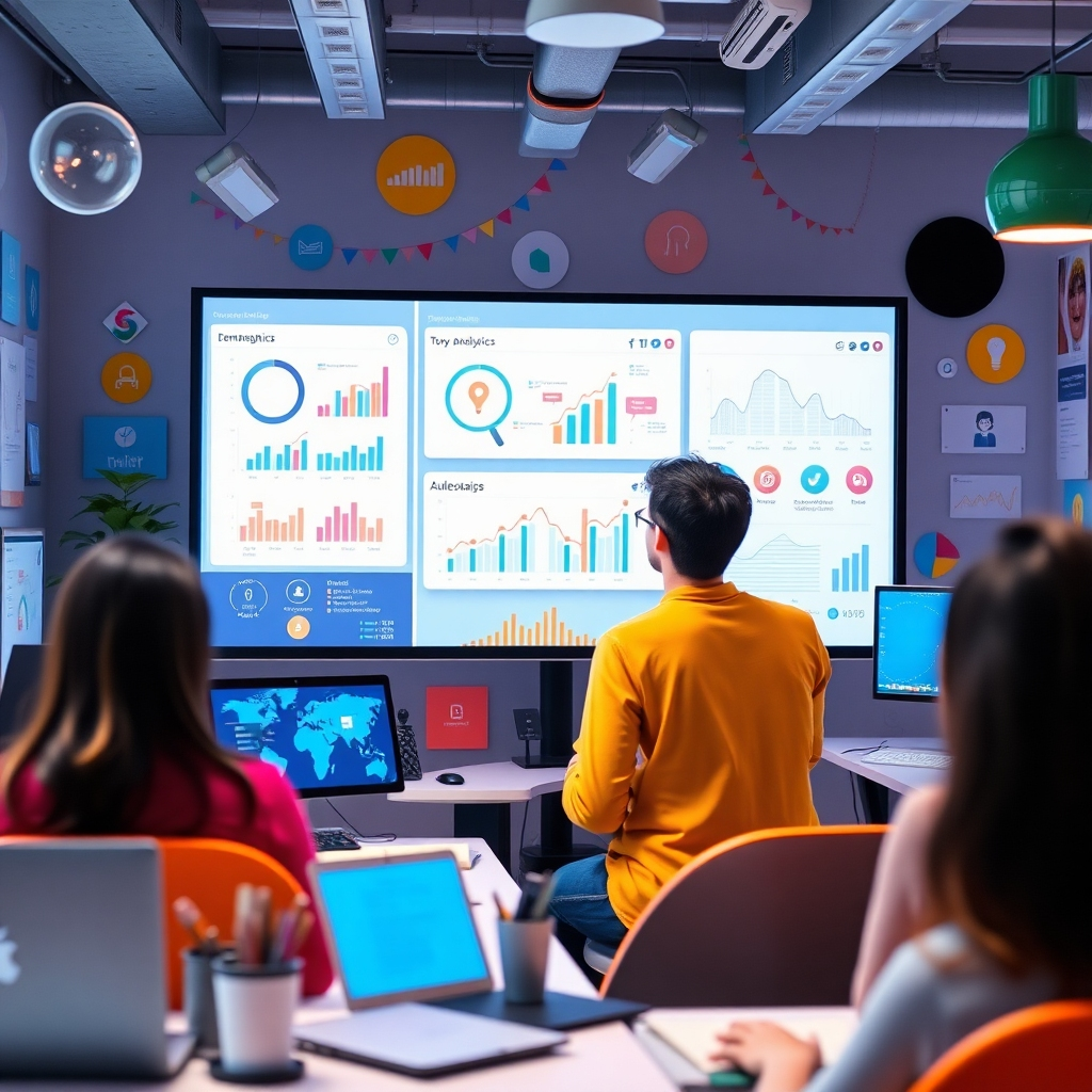 An imaginative workspace filled with visual representations of target demographics. The main focus is on a person analyzing data on a large screen, showing audience analytics. The scene is bright and engaging, with modern technology and lively colors that capture attention and foster creativity.