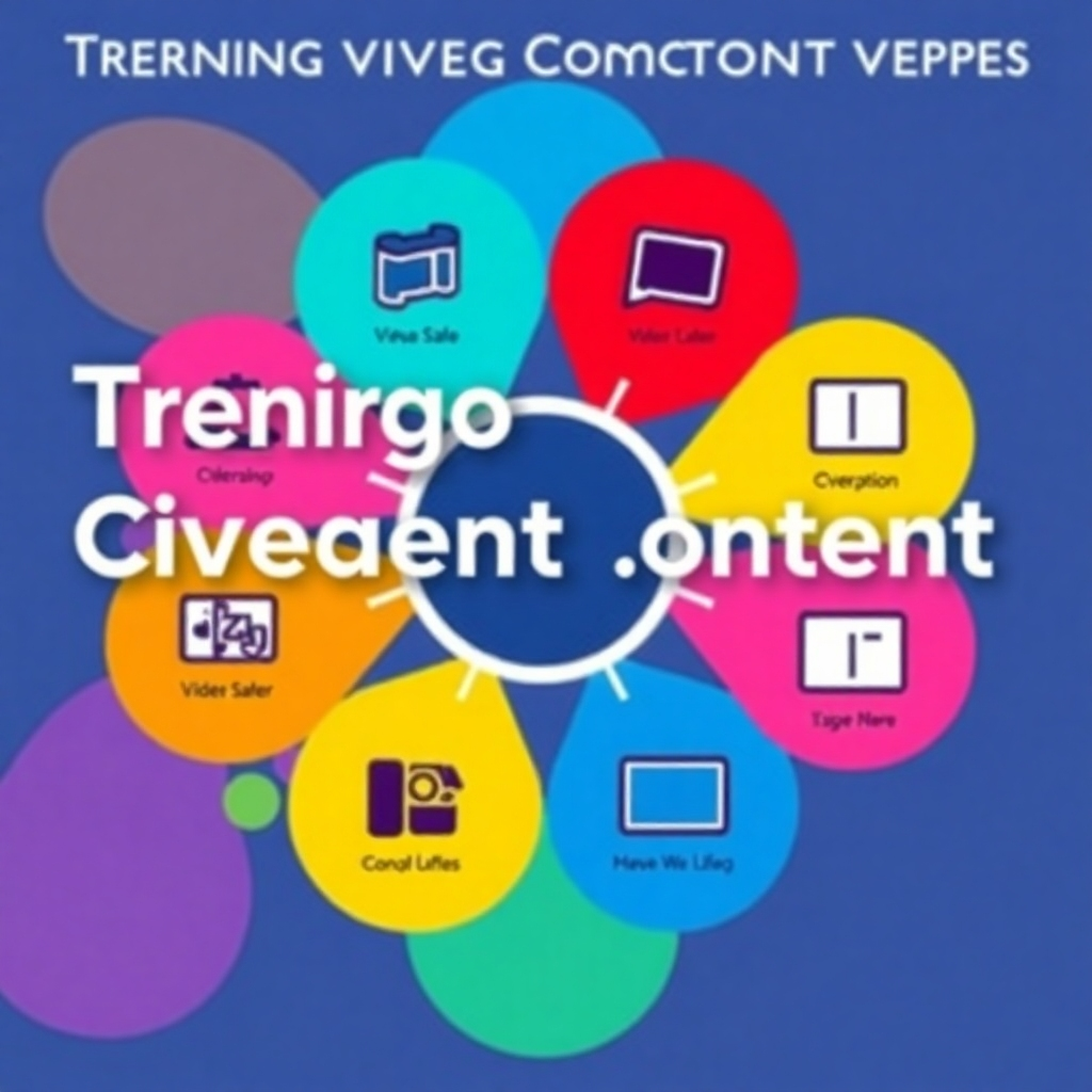 An infographic representation showcasing trending video content types with icons. The background is visually engaging, employing a mix of bright colors to represent various genres. The design is both modern and informative, appealing to a digital-savvy audience.