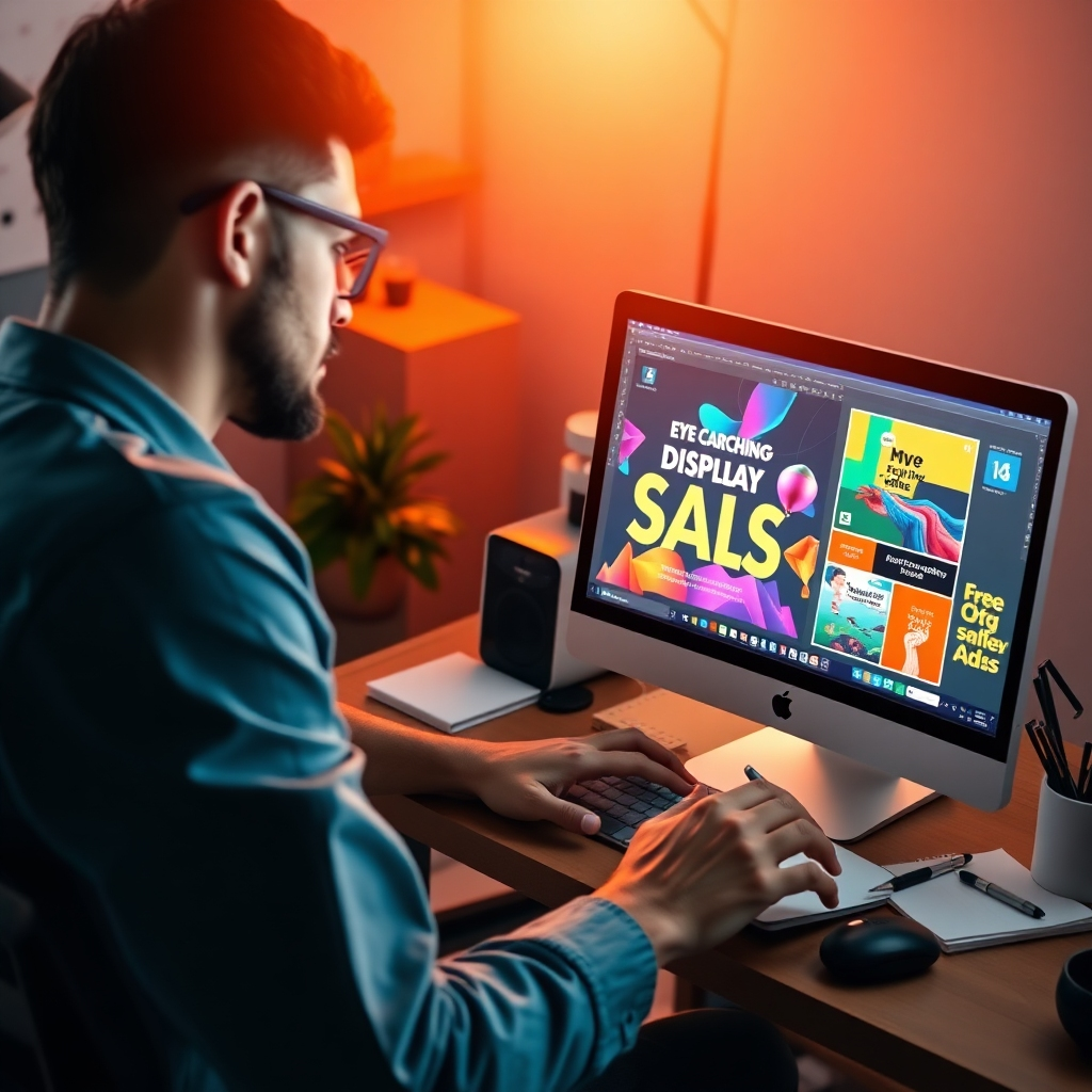 An innovative, photorealistic image depicting a graphic designer at work, creating eye-catching display ads on a computer. The colorful design elements are prominently displayed on the screen, showcasing the creative process. The lighting is bright and lively, enhancing the vibrant nature of the designs. The camera angle is overhead, capturing the detailed work environment. Props include design tools and notes.
