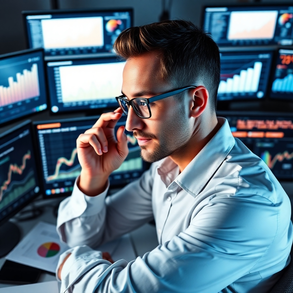 An insightful, photorealistic image of an analytics expert dissecting website data in front of multiple monitors. The displays show metrics with various graphs representing growth. Bright, focused lighting highlights the analytical environment. The camera angle should be over-the-shoulder, providing a viewer into the detailed data interpretation process. Props might include analytical reports and tech tools.