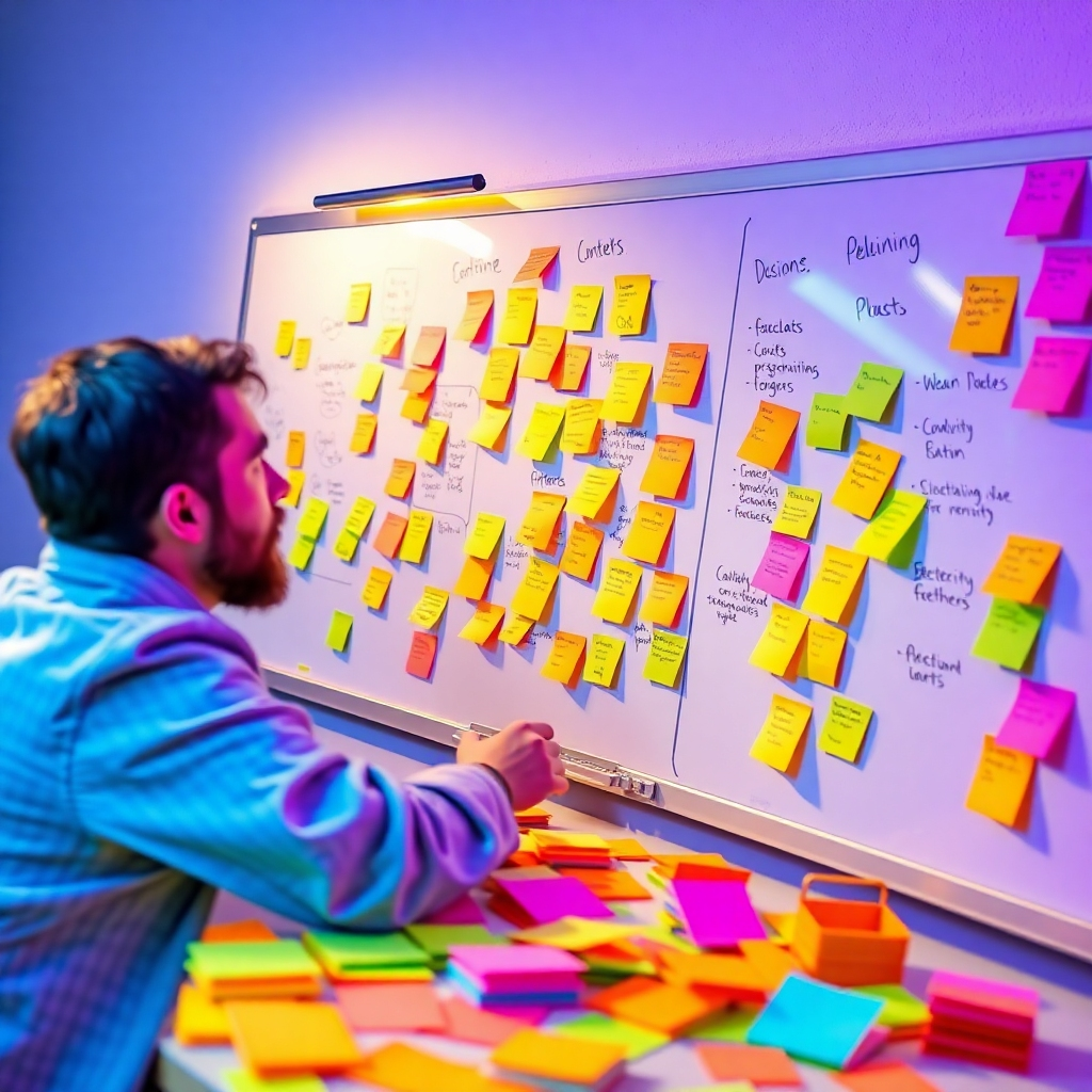 An inspiring image of a content strategist brainstorming ideas on a whiteboard, with colorful sticky notes scattered around. The lighting is vibrant, encouraging creativity. The colors are lively, highlighting a dynamic and inspiring atmosphere. Technical specs: 4K resolution.