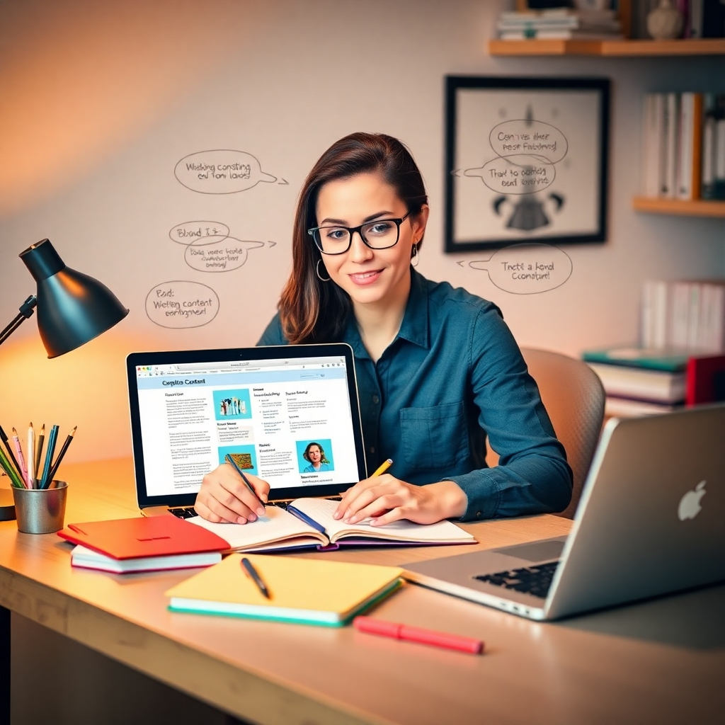 An inviting image of a writer brainstorming engaging content ideas at a stylish desk. The visuals include colorful notebooks and laptops with creative content displayed. The environment is warm and cozy, fostering creativity, with soft lighting to enhance focus and inspiration.