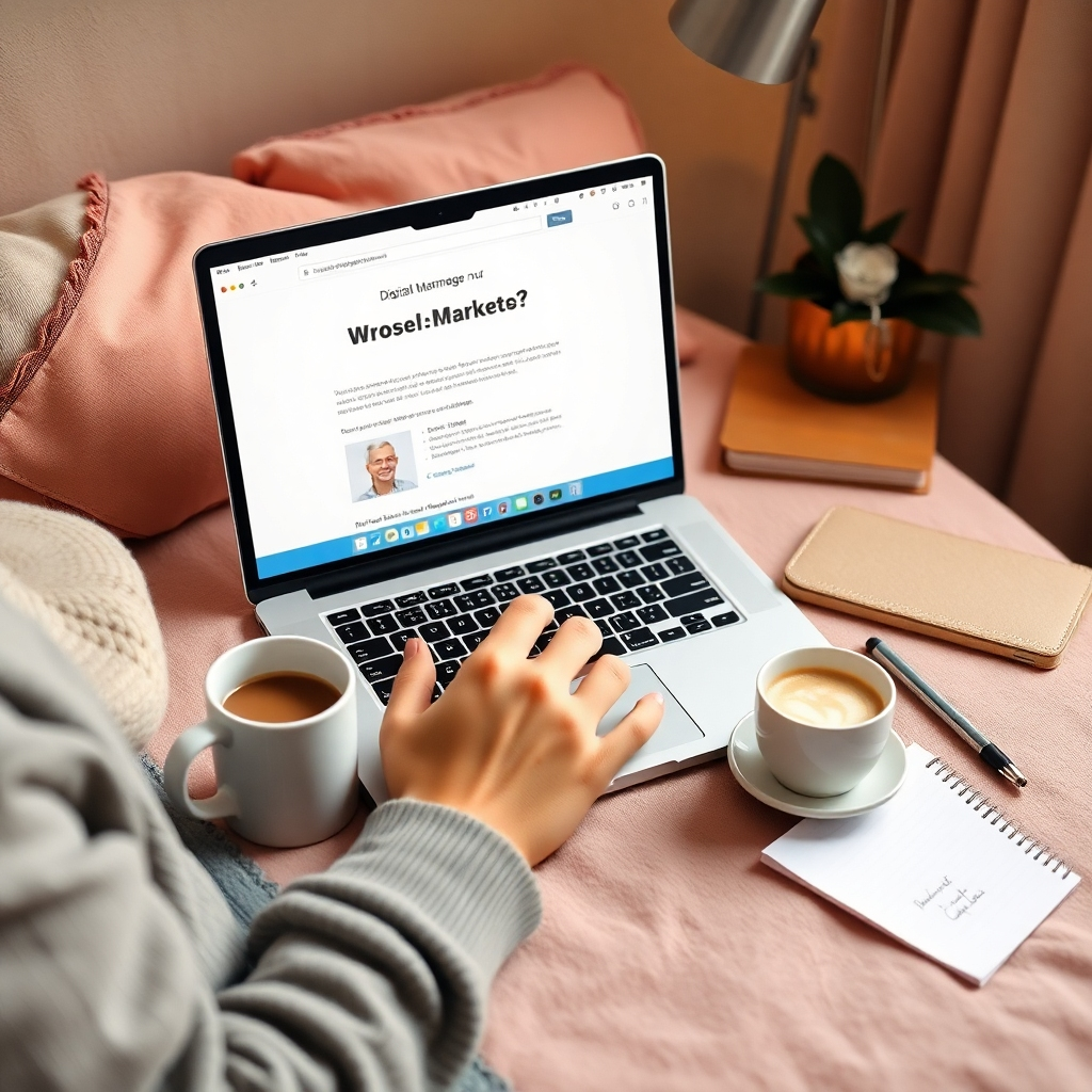 An inviting image showing a digital marketer preparing an email campaign on a laptop, with a cup of coffee and notepads around them. The scene is cozy and warm, emphasizing productivity. The colors are soft pastels, creating a calming effect. Technical specs: 4K resolution.