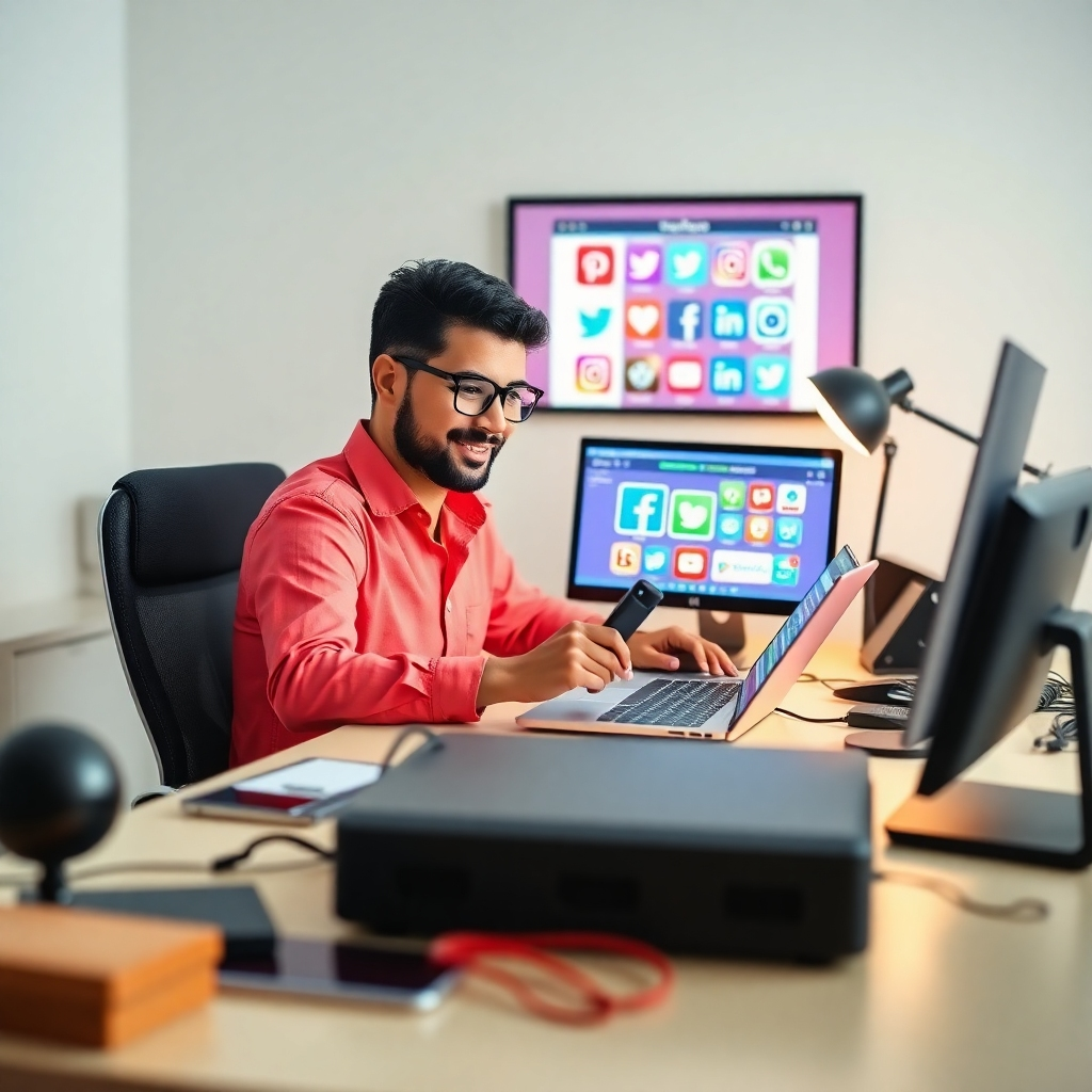 An inviting, photorealistic image depicting a social media marketing expert scheduling posts on multiple devices. The composition shows the expert at a stylish desk surrounded by tech gadgets, illustrating the modern marketing approach. The lighting is bright and cheerful, dominating the vibrant colors of social media icons displayed on the screen. The camera angle is centered to capture a clear view of the work environment with engaging elements.
