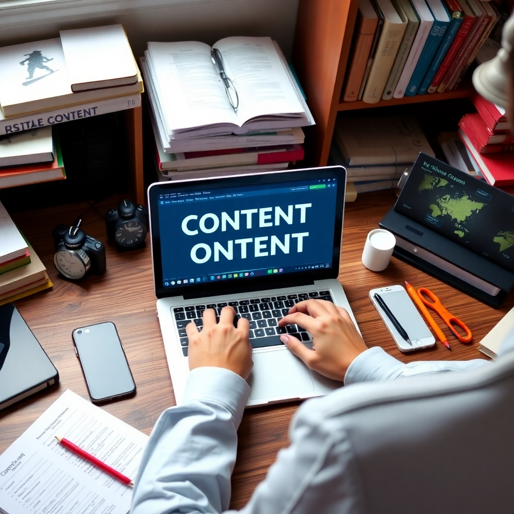 A photorealistic image of a person creating content on a laptop, surrounded by various digital devices and books. The setting should evoke a workspace that represents creativity and efficiency. Highlighting organization and digital tools will underscore the importance of well-structured content plans.