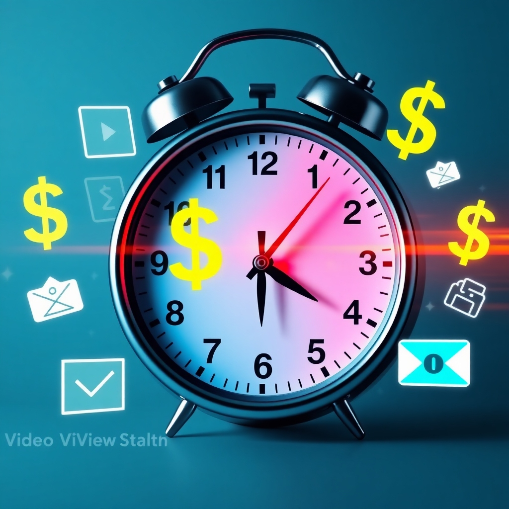 A photorealistic image showing a clock ticking fast, superimposed with dollar signs and various icons symbolizing online transactions, emphasizing speed and efficiency in converting video views to cash.