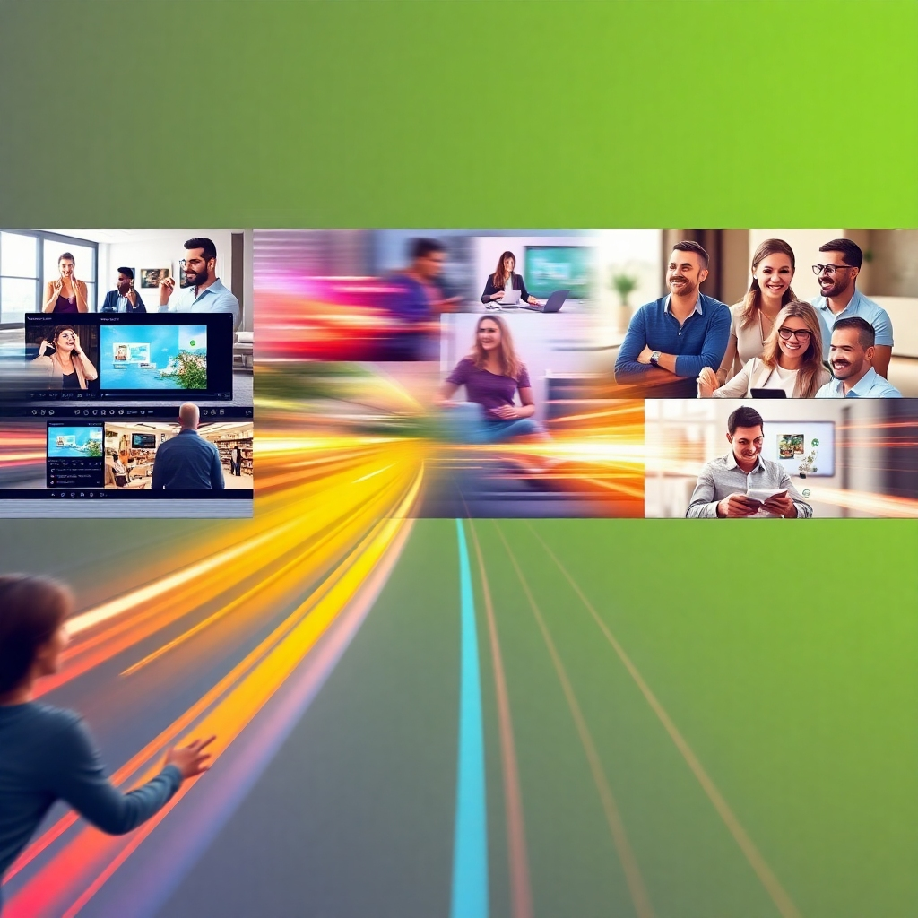 A stylized image depicting a fast-forward montage of video creation, showcasing a sleek, modern interface merging with real-world scenes of successful online businesses and happy customers. Use a vibrant, positive color scheme, with dynamic movement and a clear representation of speed and efficiency. The composition should focus on the effortless transformation of ideas into profitable content, highlighting elements of AI technology seamlessly integrated into the workflow. A 4K resolution with a high-quality finish, possibly incorporating a cinematic style, is required to communicate the smooth transition from concept to cash.