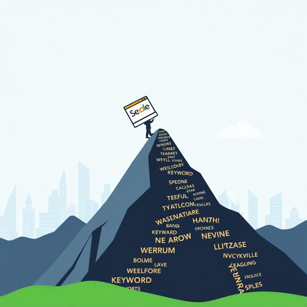 A stylized image illustrating a website climbing a mountain peak that represents a high ranking in search engine results. The background can be a stylized cityscape, and the mountain path could be composed of keywords. The overall feel should be dynamic and aspirational.