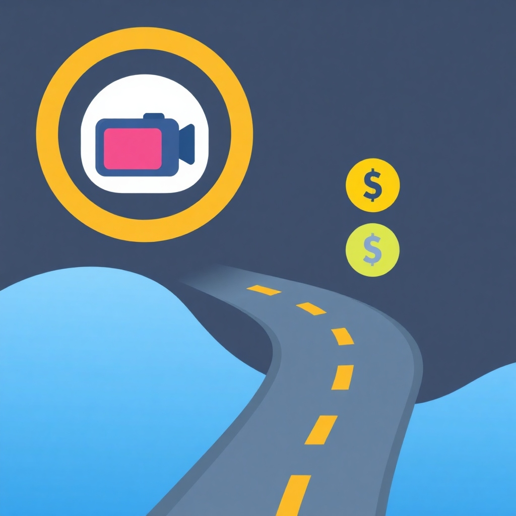 A stylized image of a roadmap leading from a video camera icon to a money icon, using modern aesthetics and color schemes. The roadmap design visually represents a clear and successful path towards video monetization.