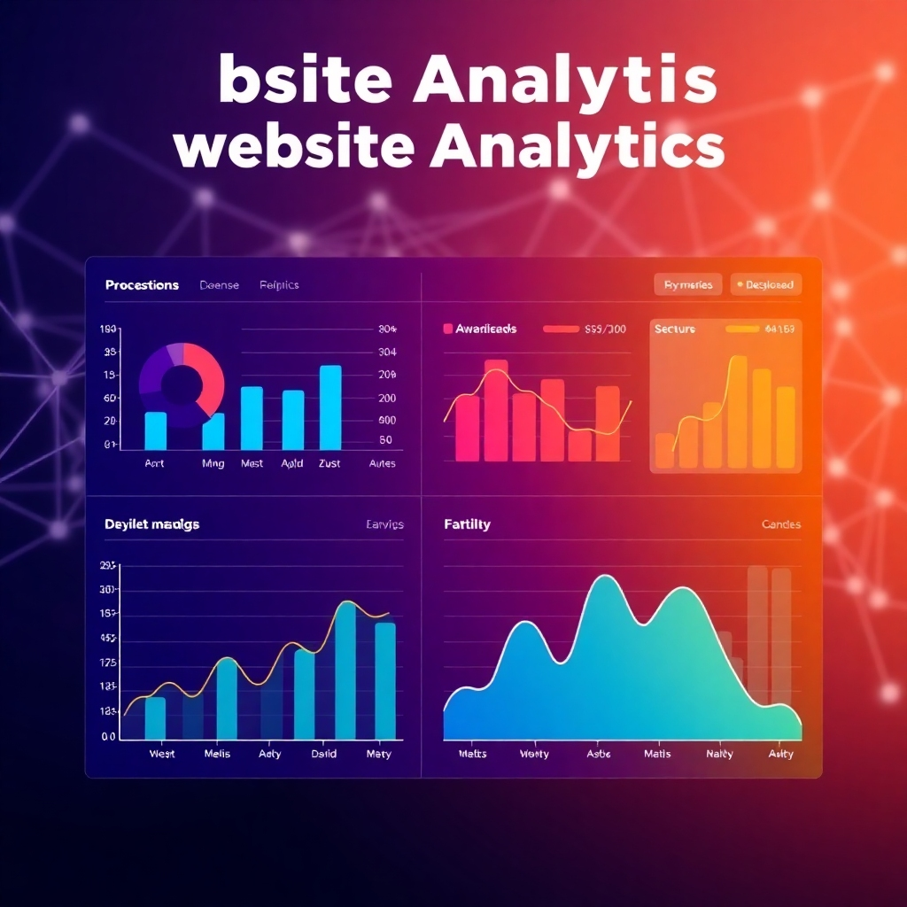 A stylized image showing website analytics data visualized as interactive charts and graphs, highlighting key metrics. Use a gradient of colors representing successful metrics and trends. The background could be a stylized network graph symbolizing data streams and connections. The resolution should be high quality, creating a visual representation that’s easy to understand.