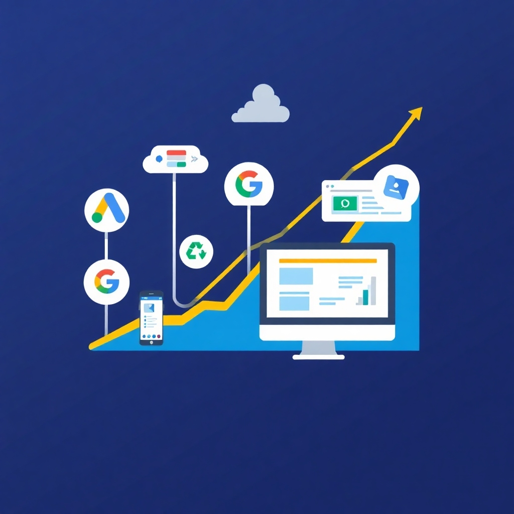 A stylized image visualizing different ad platforms such as Google Ads, social media advertising and other PPC channels. The image should clearly show an upward growth trend representing a successful campaign with high ROI. The color scheme should include colors associated with success and conversions.