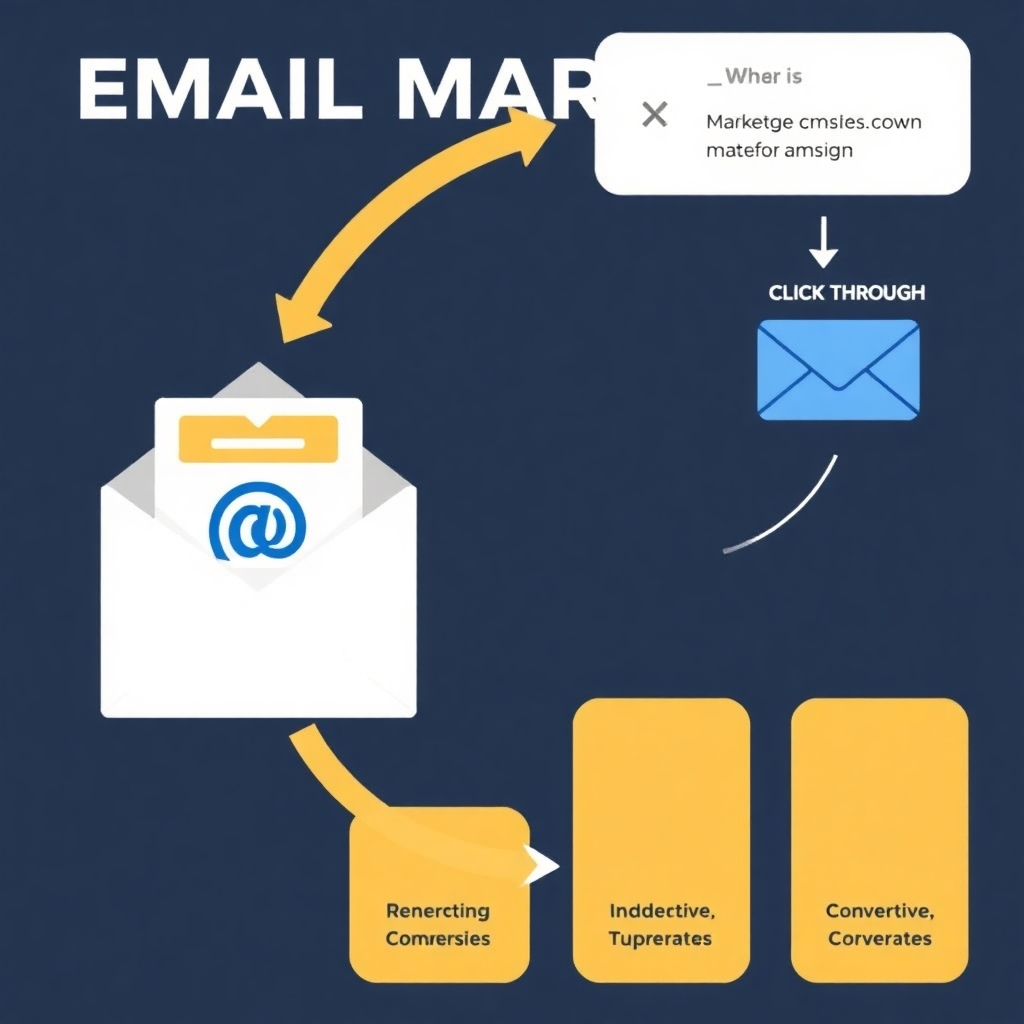 An image demonstrating the flow of email marketing campaigns and customer conversions. Focus on visual elements that highlight the metrics of email marketing, such as open rates, click-through rates, and conversion rates. The image should use colors and visual cues to showcase effective email campaign design and the journey to conversion.