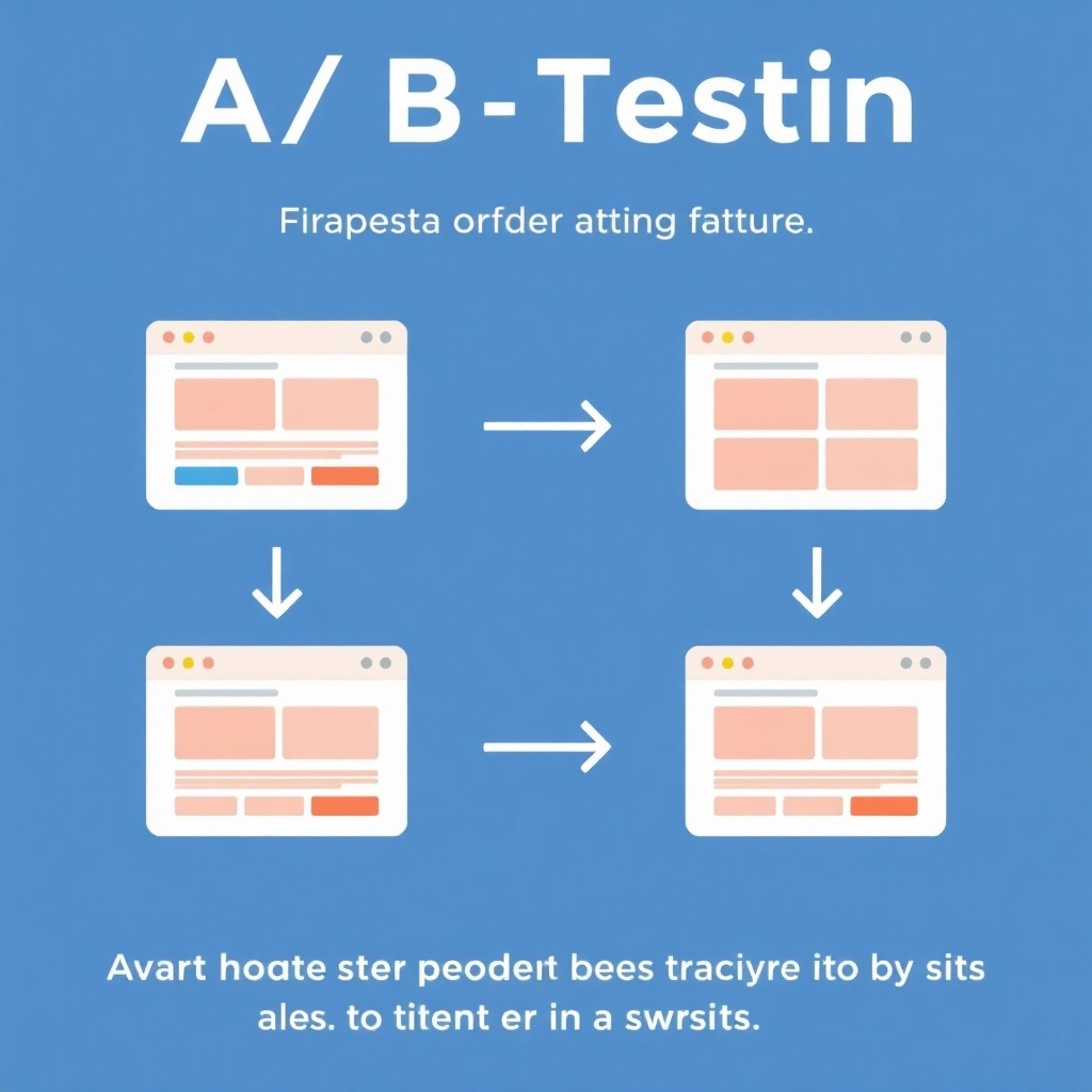 An image demonstrating the process of A/B testing with different website variations. Use visual cues to highlight the key elements that were altered between different versions, such as buttons, headlines, or images. Use a clean color palette and metrics to show how A/B testing allows to pinpoint what works best.