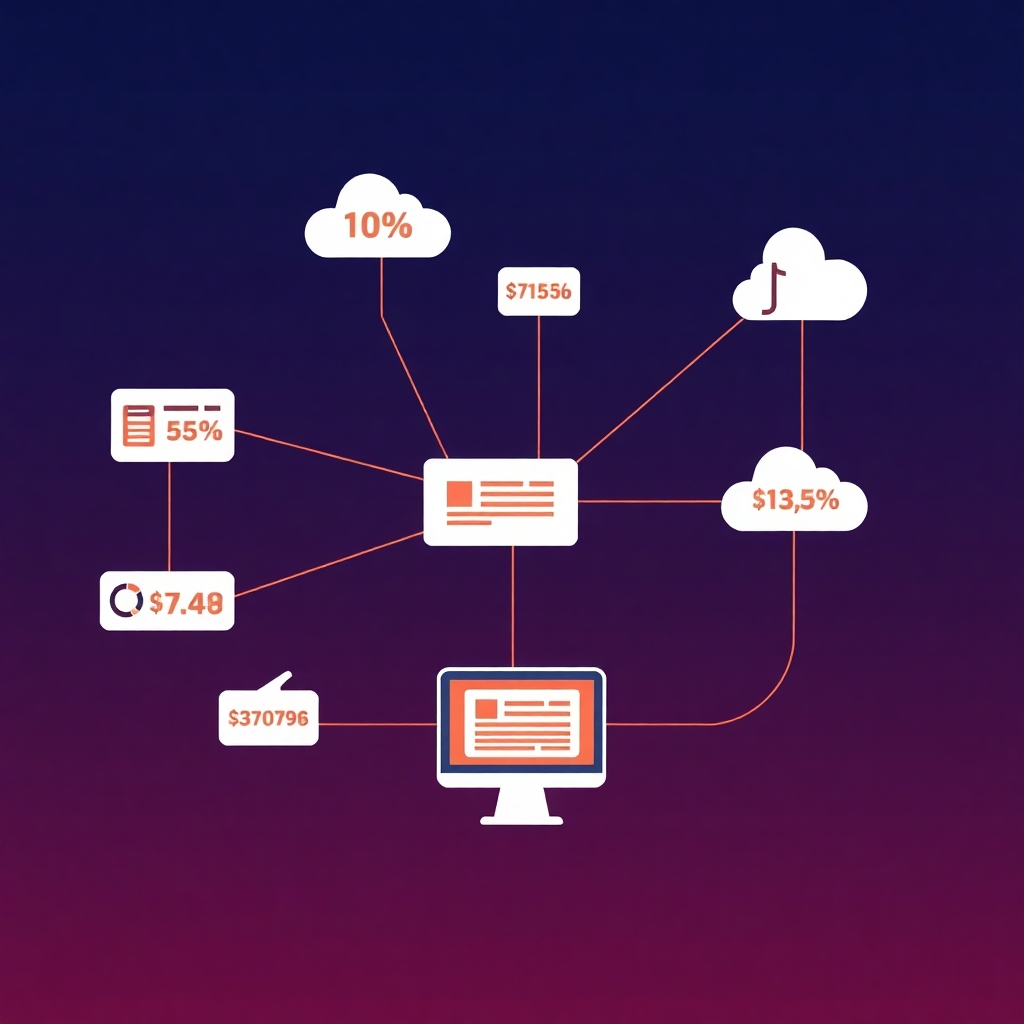 An image depicting a network graph showing the flow of traffic from various ad platforms to a website.  Use a color palette that conveys conversion rates, cost per click, and return on investment. Focus on clean lines, numbers, and easy-to-read visual representations of data. The style should be crisp, clean, and modern, evoking the data-driven nature of paid advertising.