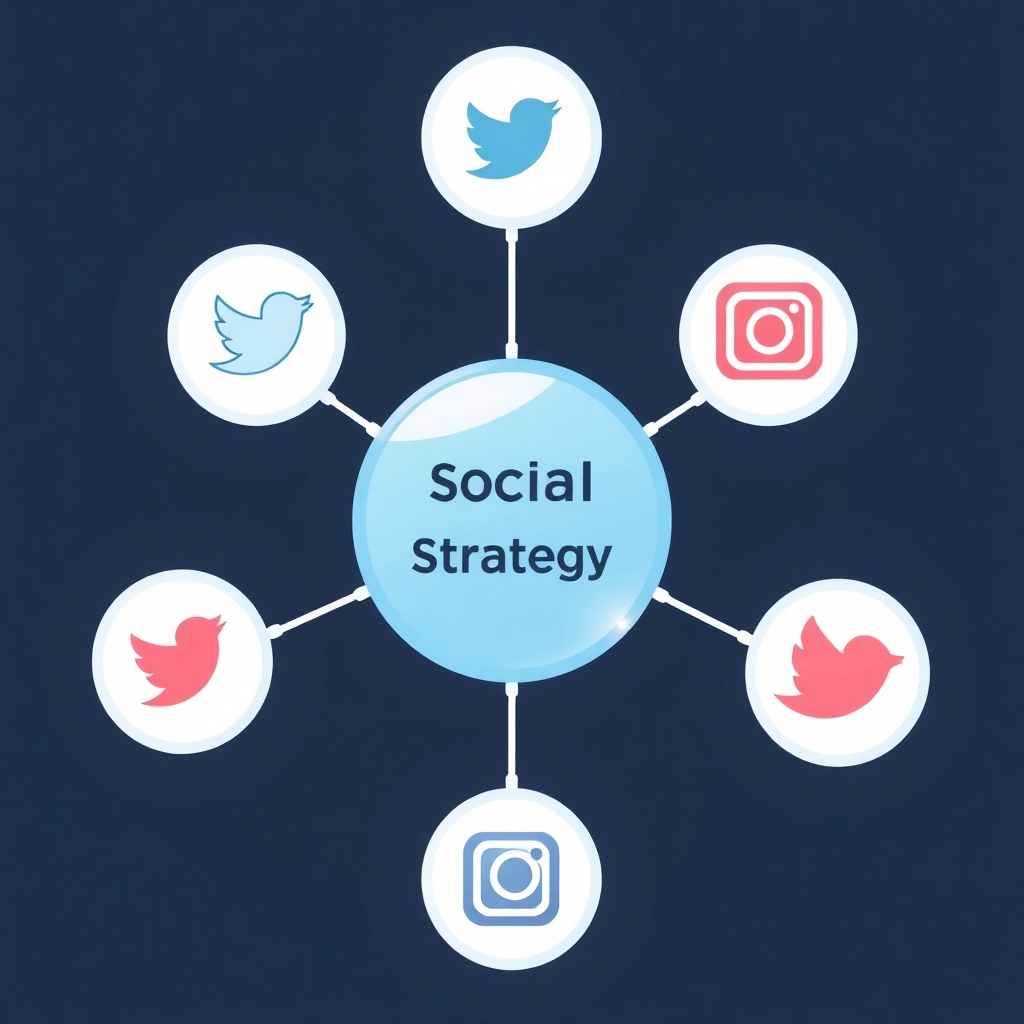 An image depicting a network of connected social media platforms, with each platform linked back to a central hub representing the client's website. The visual should focus on showcasing a successful strategy and emphasize engagement and brand recognition.