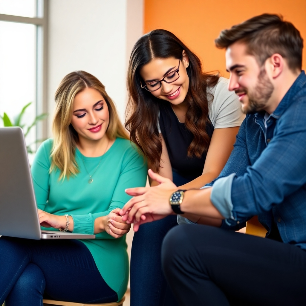 An image featuring a team collaboration, highlighting the influencer and the client working together on a project. Use a color scheme that reinforces the partnership aspect, with complementary brand identities. Focus on a photorealistic depiction that emphasizes collaboration and authentic engagement.